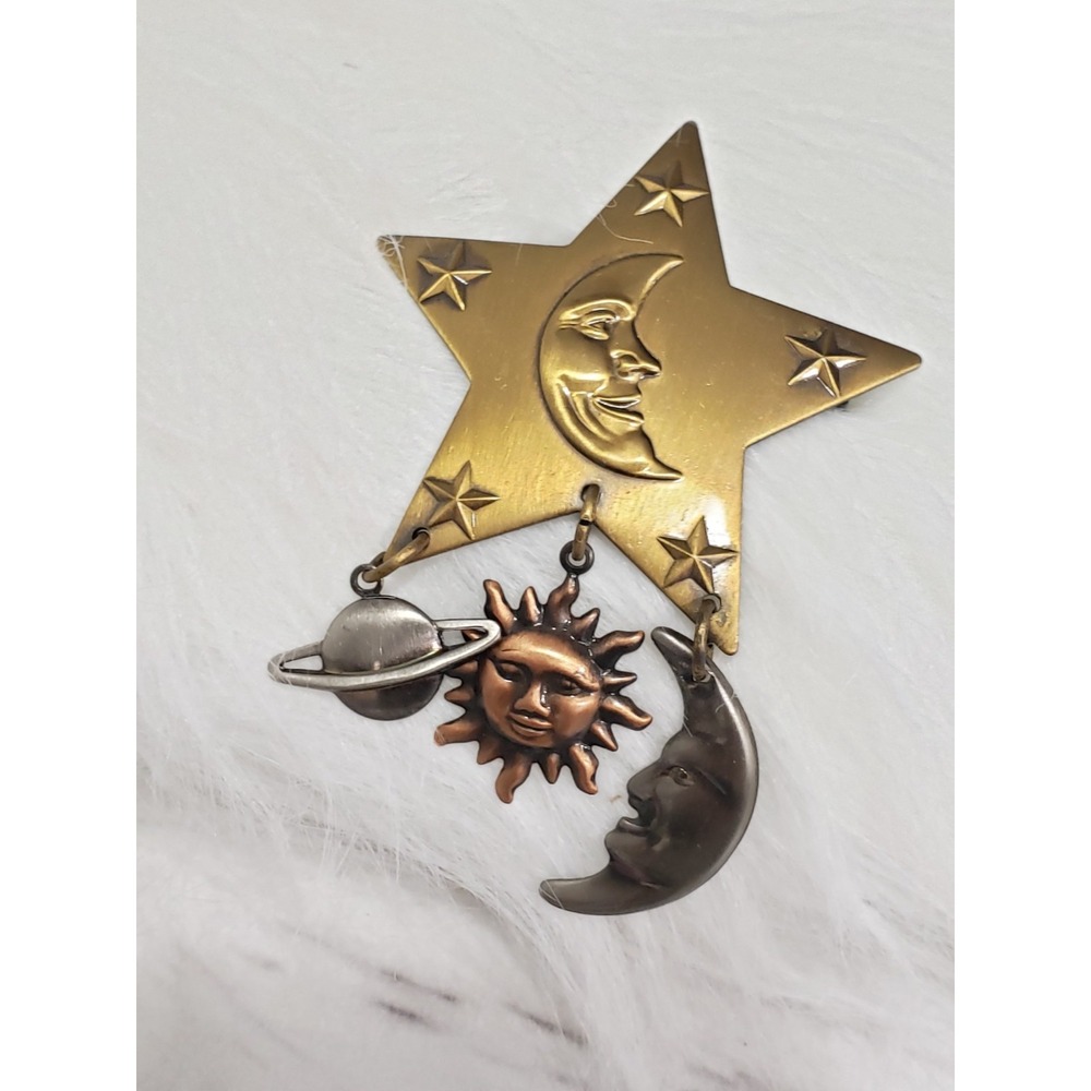 Vintage 90's Mixed Metals Celestial Sun Brooch Moon Crescent Saturn Atomic